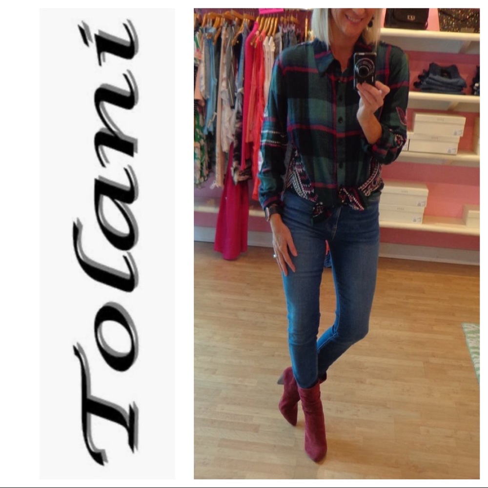 Tolani “Harlow” embroidered plaid in forest green